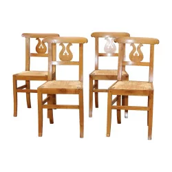 Set of 4 Directoire chairs in walnut wood with palm leaf. 19th …